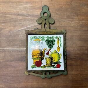 Vintage Cast Iron Tile Trivet Coffee Teapot Design